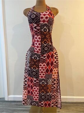 Printed Halter Midi Dress in Red & Black